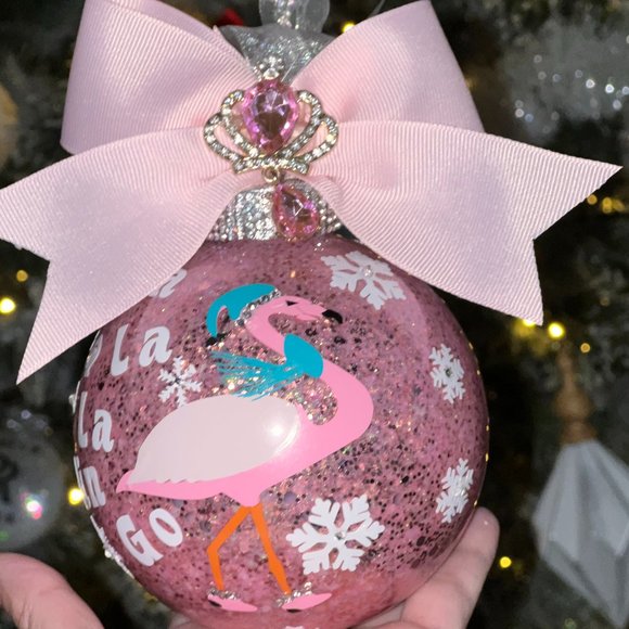 Pink Flamingo Glitter Christmas Tree Ornament, Customized Personalized, Holiday - Picture 5 of 16